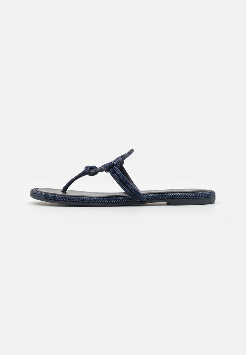 Navy blue flip-flop sandal made from woven material, featuring a flat sole, braided straps, and a knot detail between the toes for secure fit.