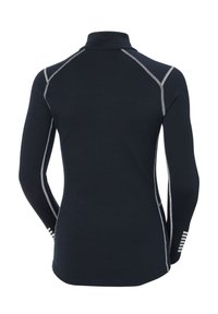 Ciemnoniebieska koszula z długim rękawem i wysokim kołnierzem, z kontrastującym srebrnym przeszyciem wzdłuż szwów oraz białymi paskami na mankietach.