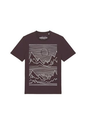 Dark brown t-shirt with white line art of two mountain landscapes, trees, and a sun or moon in the sky.