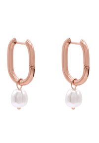 Ohrringe aus rosévergoldetem Metall mit einem glatten, runden, weißen Perlenanhänger, die ein poliertes Finish und ein modernes Design präsentieren.