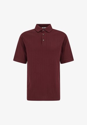 Burgundiapunane lühikeste varrukatega polo-särk, millel on tekstuuriga vertikaalsed triibud ja esiküljel kolm nööpi.