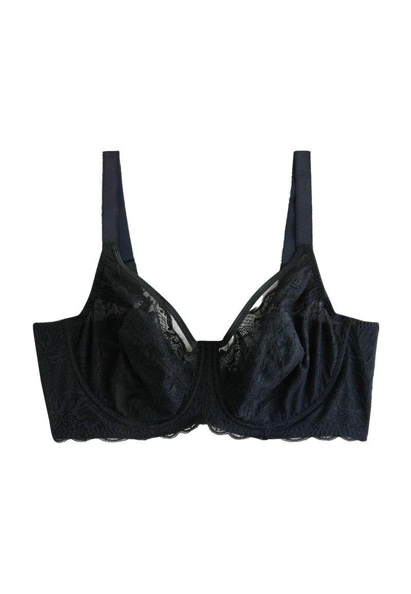 Must pitsikleit lillemustriga, traadist tugikaarte ja reguleeritavad rihmad; bändi ja tassis on kaldus serv.