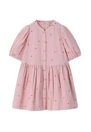 Roze peuterjurk met rode hartjesmotieven, pofmouwtjes, knoopsluiting aan de voorkant en een geplooide taille voor een losse, luchtige pasvorm.