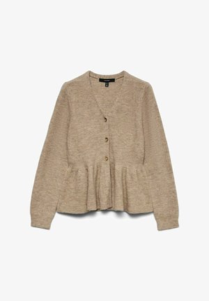 Beige knit cardigan with a V-neck, long sleeves, a peplum waist, and five wooden buttons down the front, featuring a textured fabric.