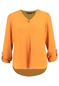 Orange long-sleeve blouse with a V-neck, featuring a half-button placket and rolled cuffs. Smooth fabric with a curved hemline.