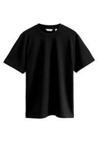 Black short-sleeve t-shirt made of cotton, featuring a crew neck, relaxed fit, and smooth texture with no visible patterns or prints.