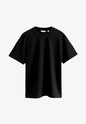 Sort kortærmet t-shirt lavet af bomuld, med rund hals, afslappet pasform og glat tekstur uden synlige mønstre eller tryk.