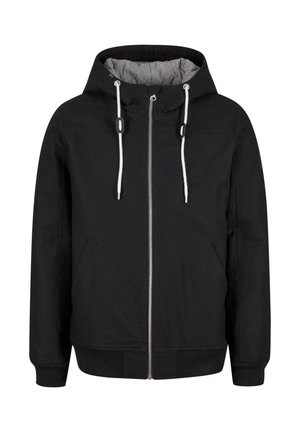 Black zip-up jacket with a hood, featuring white drawstrings, side pockets, and ribbed cuffs and hem. Striped interior lining.