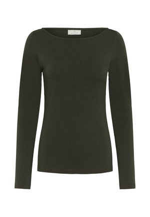 Dolga majica z dolgimi rokavi, okroglim izrezom v temno zeleni barvi, izdelana iz mehke, gladke tkanine s prilegajočim krojem in minimalnimi šivi.