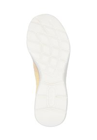 Soletta delle scarpe in gomma bianca con un motivo di grip testurizzato; tomaia in rete gialla che si estende fino al bordo, con una finitura liscia lungo i lati.