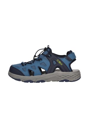 Sportsandaler med en blå och marin design, överdel av nät med utskärningar, elastiskt snörningssystem och grå gummisula med strukturerat grepp.
