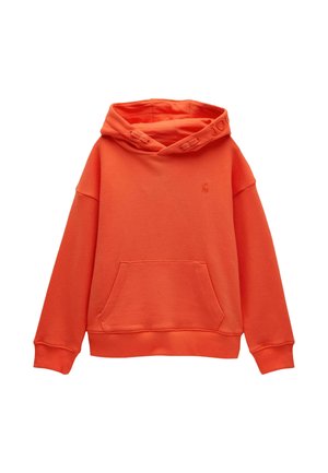 Sweat à capuche orange avec poche kangourou à l'avant, poignets et ourlet côtelés, et un branding subtil sur la poitrine et le bord de la capuche.