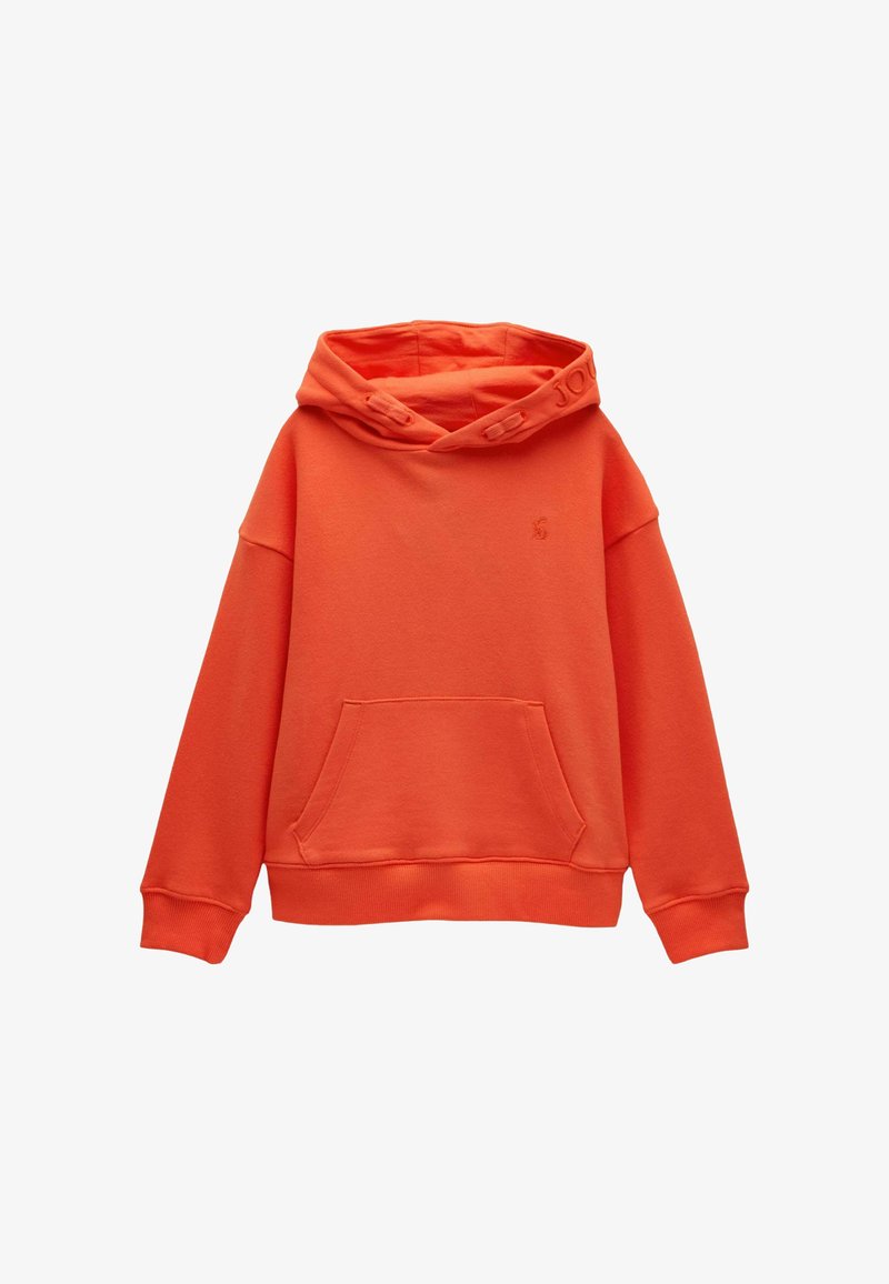 Sweat à capuche orange avec poche kangourou à l'avant, poignets et ourlet côtelés, et un branding subtil sur la poitrine et le bord de la capuche.
