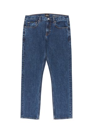 Dunkelblaue Denim-Jeans in geradem Schnitt mit einem klassischen Fünf-Taschen-Design, kontrastierenden Nähten und einem Reißverschluss mit Knopfverschluss.