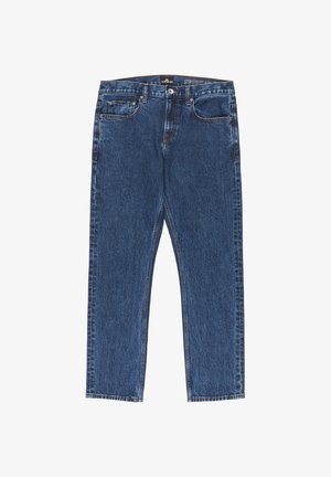 Donkerblauwe denim jeans met rechte pijpen, een klassieke vijf-pocketontwerp, contrasterende stiksels en een ritssluiting met knoopsluiting.
