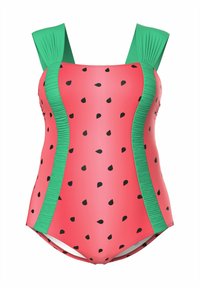 Uimapuku, jossa on vaaleanpunainen pohja, mustia siemenkuvioita ja vihreät ribbiremmihihnat. Tuotteessa on istuva muotoilu ja klassinen pyöreä kaula-aukko.