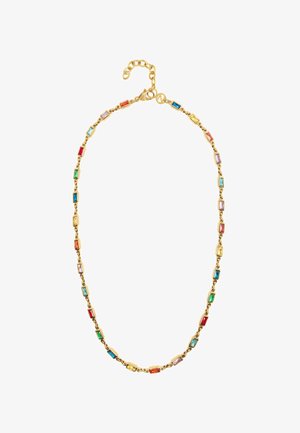 Guld kæde med farverige rektangulære og firkantede ædelsten i rød, blå, grøn, gul og lilla. Justerbart spænde.