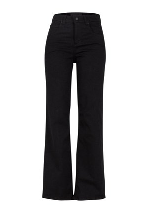 Czarne dżinsy w kształcie dzwonów z wysokim stanem, kieszeniami z przodu i zamkiem błyskawicznym. Gładka faktura, w pełni skonstruowane bez ozdób.
