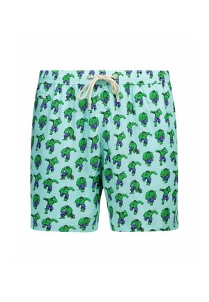 Lichtblauwe zwembroek met een volledige print van groene Hulk-figuren in verschillende actieposes en een witte trekkoordband.