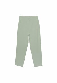 Pantalon vert clair taille haute avec une texture lisse, doté de deux poches avant et d'une coupe droite. Design uni sans motifs.