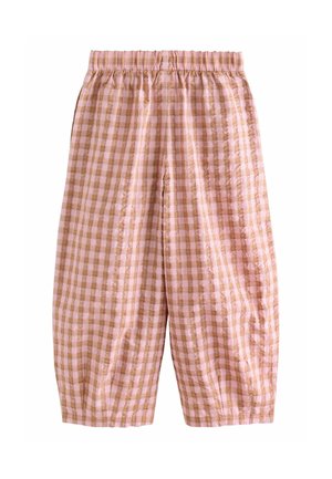 Rosa und braun karierte Pants mit elastischem Bund, die ein lockeres, verkürztes Design und strukturierte Stoffqualität aufweisen.