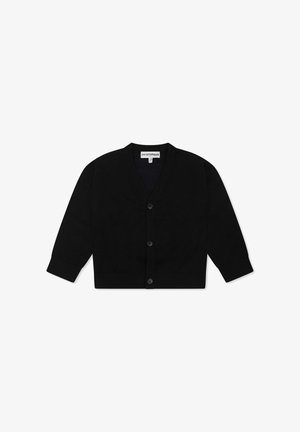Cardigan lavorato a maglia nero con scollatura a V, maniche lunghe e chiusura frontale con cinque bottoni. Presenta polsini e orlo a coste per un effetto di texture.
