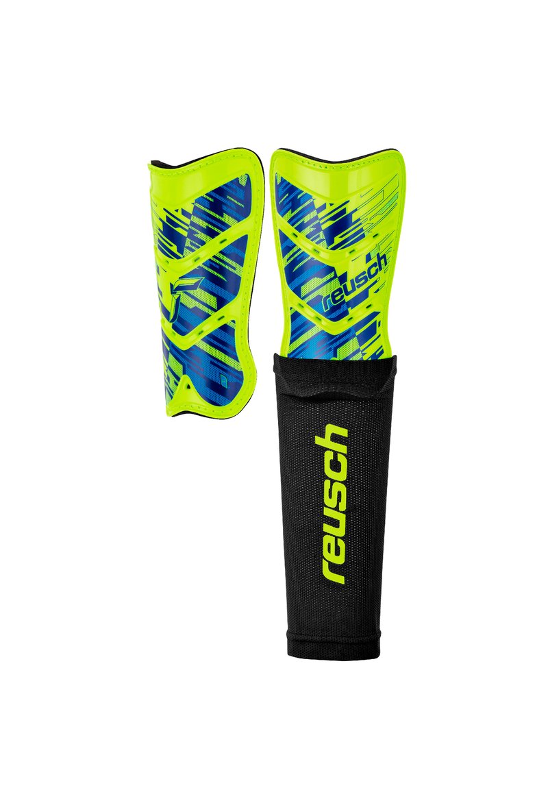 Reusch shin guards featuring a bright yellow-green design with blue patterns and textures, and a black fabric sleeve for secure fit.