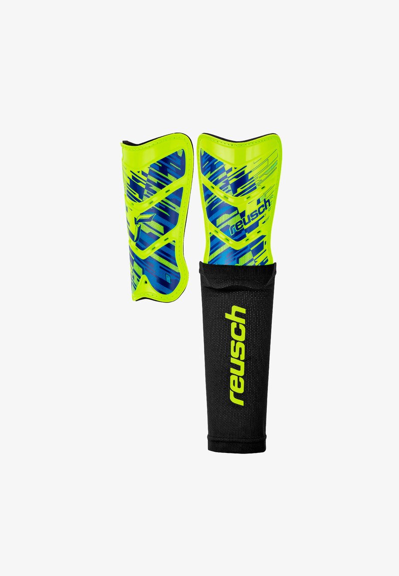 Reusch shin guards featuring a bright yellow-green design with blue patterns and textures, and a black fabric sleeve for secure fit.
