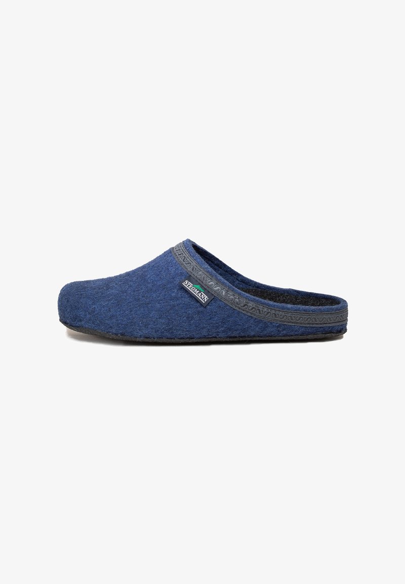 Blue felt slip-on slipper with a textured dark gray trim and a black rubber sole. Features a small brand logo on the side.