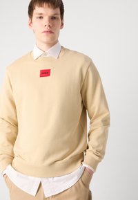Sweatshirt beige con collo a girofodera a costine, con una toppa rossa rettangolare del logo. Indossato sopra una camicia bianca con colletto. Texture liscia.
