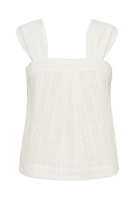 Haut sans manches blanc avec un décolleté carré, un devant plissé et des bretelles larges. Le tissu possède un motif texturé à rayures.