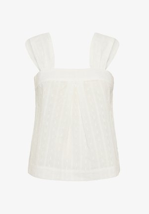 Witte mouwloze top met een vierkante halslijn, geplooide voorkant en brede schouderbanden. De stof heeft een gestructureerd, gestreept patroon.