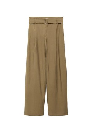 Beige wide-leg trousers with a high waist and belt feature. Made of textured fabric, they have front pleats and a minimalist design.