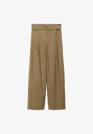 Beige wijde broek met hoge taille en ceintuur. Gemaakt van textuurstof, ze hebben voorplooien en een minimalistisch ontwerp.