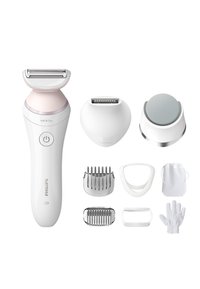 Philips nat en droog scheerapparaat met een lichtroze en witte ergonomische handgreep. Inclusief verschillende opzetstukken: verzorgingskammen, exfoliërende spons en een tas.