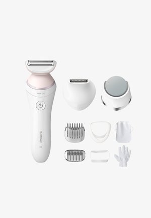 Philips nat en droog scheerapparaat met een lichtroze en witte ergonomische handgreep. Inclusief verschillende opzetstukken: verzorgingskammen, exfoliërende spons en een tas.