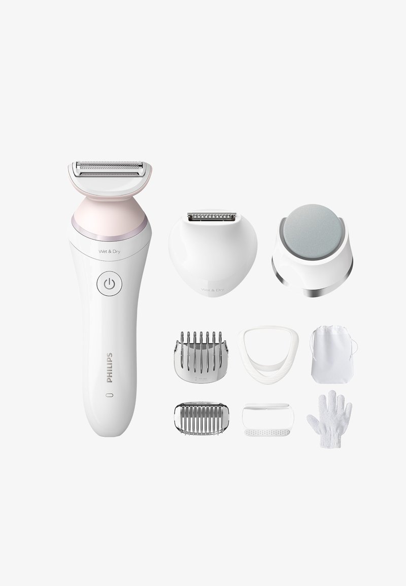 Rasoir Wet & Dry Philips avec une poignée ergonomique rose clair et blanche. Comprend divers accessoires : peignes de toilettage, éponge d'exfoliation et un sac.