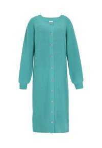 Cardigan lungo color teal realizzato in maglia texturizzata, caratterizzato da un colletto quadrato, maniche lunghe e una chiusura frontale con bottoni metallici.