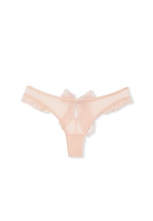 Durchsichtiger rosa Tanga mit Tupfenmuster, gerafften Kanten und einer kleinen Schleife auf der Rückseite, gestaltet in einer minimalistischen Form.