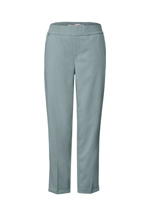 Light blue pants with an elastic waistband, tapered leg design, and a smooth texture. Features a simple, clean cut for versatile styling.