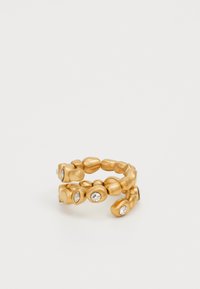 Gold-tone ring with a textured, beaded design featuring clear stones set in irregular shapes along its band. Circular and flexible.