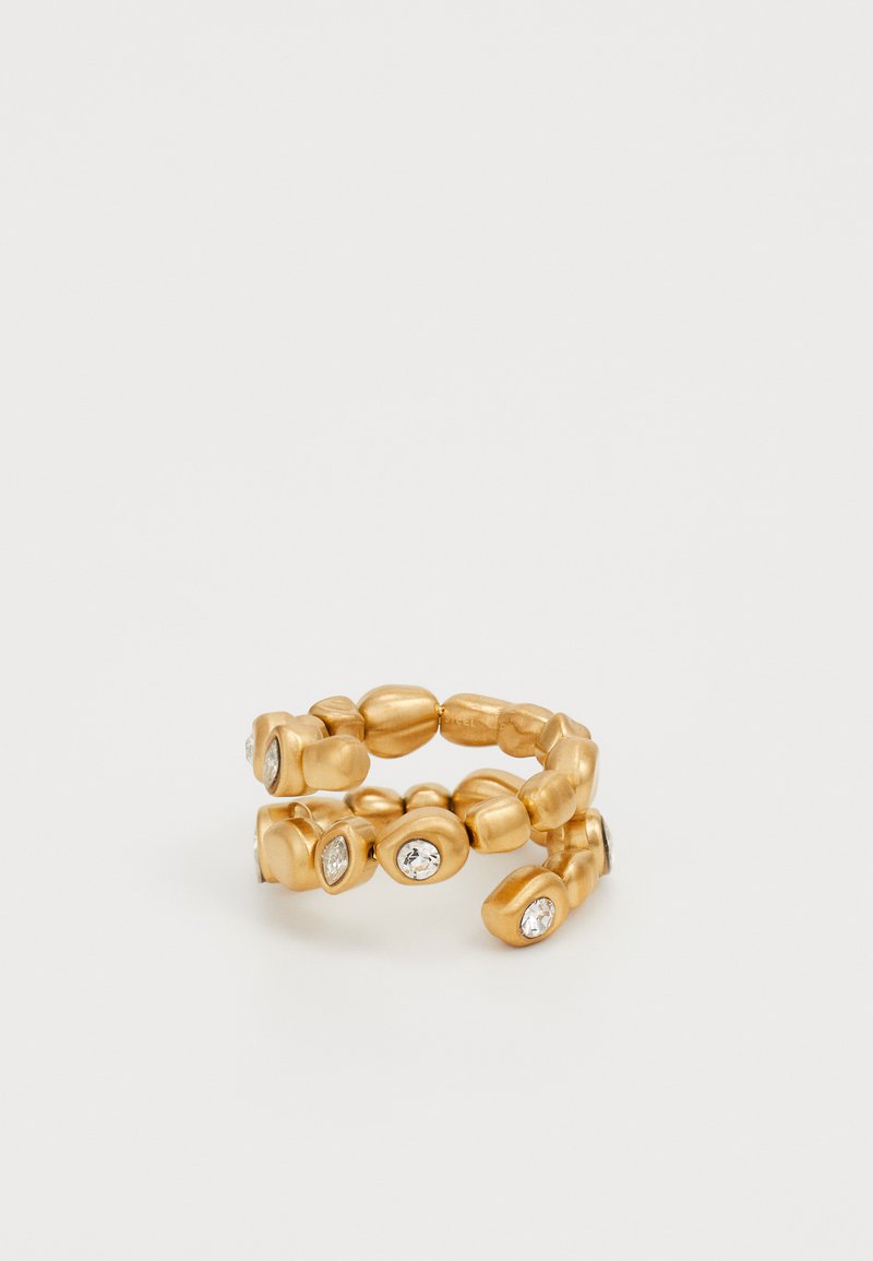 Gold-tone ring with a textured, beaded design featuring clear stones set in irregular shapes along its band. Circular and flexible.