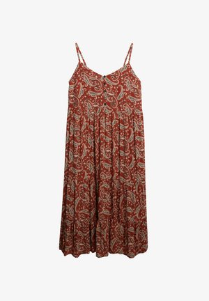 Rød kjole med paisleymønster, tynde stropper, knapdetalje ved kroppen og en fladret, lagdelt skørt. Lavet af letvægtsstof.