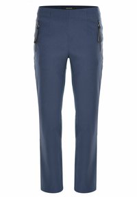 Marineblauwe broek met een gladde textuur, met twee ritszakken aan de zijkanten en een recht gesneden pijp. Minimalistisch ontwerp zonder patronen.