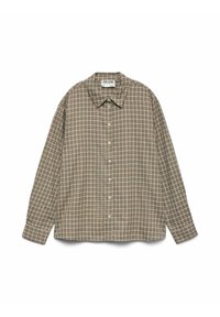 Brun og beige ternet langærmet skjorte med krave, knaplukning foran og en løstsiddende pasform. Blødt stof med en subtil tekstur.