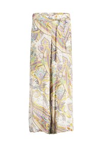 Široké kalhoty z lehkého materiálu se barevným vzorem paisley v odstínech fialové, žluté a zelené. S tkanicemi v pase.