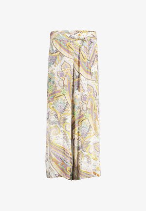 Bukser med vid ben i let stof, prydet med et farverigt paisley-mønster i nuancer af lilla, gul og grøn. Snører i taljen.