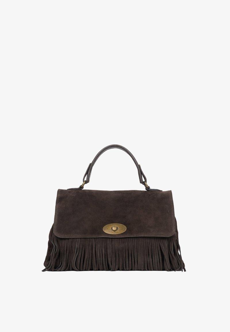 Bruine suède handtas met franjes aan de onderkant, een bovenhandvat en een metalen sluiting. Gladde textuur en rechthoekige vorm.
