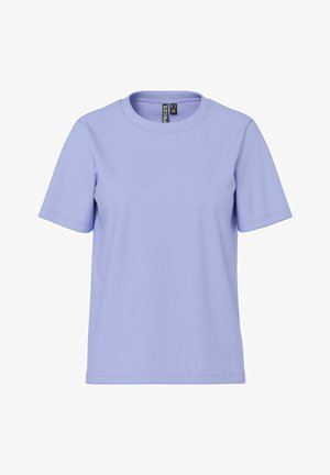 Gaiši purpura īsajām piedurknēm T-krekls no gludas auduma ar apaļu kakla izgriezumu un parastu piegriezumu. Vienkāršs dizains bez rakstiem vai akcentiem.