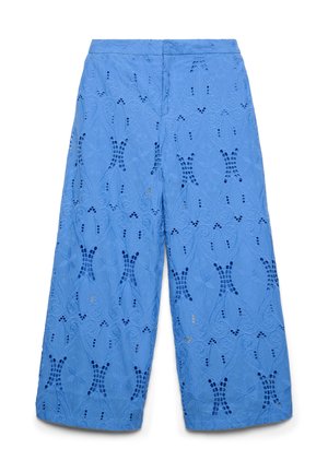 Pantaloni blu a gamba larga in pizzo con motivi floreali e geometrici traforati, vita elasticizzata e chiusura frontale.